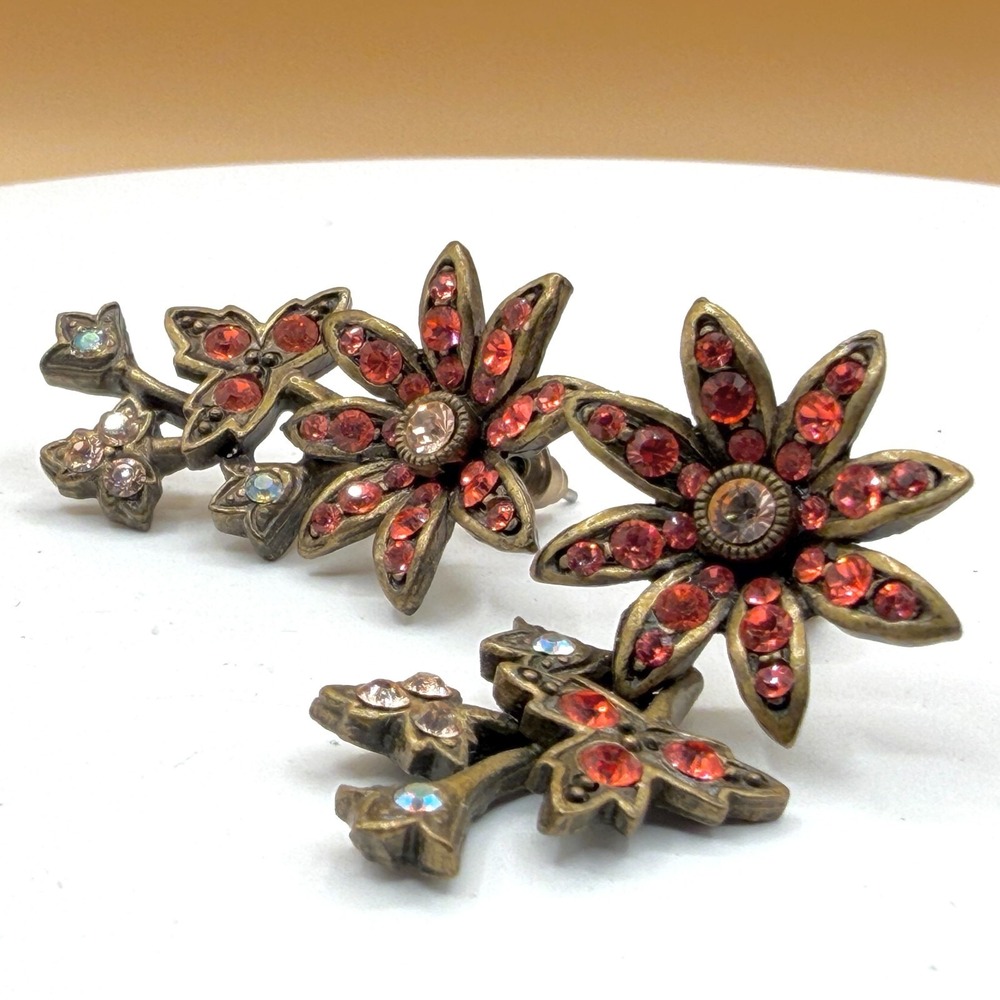 Bronze Tone Red Rhinestone Floral Drop Earrings Vintage Cottagecore Statement